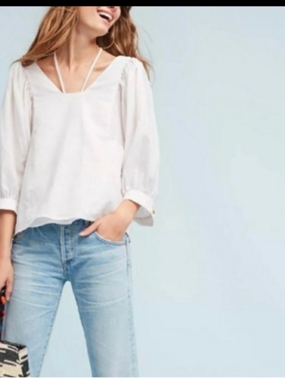 Anthropologie Akemi + Kin Sylvia White Linen Blend Puff Sleeve Peasant Top,